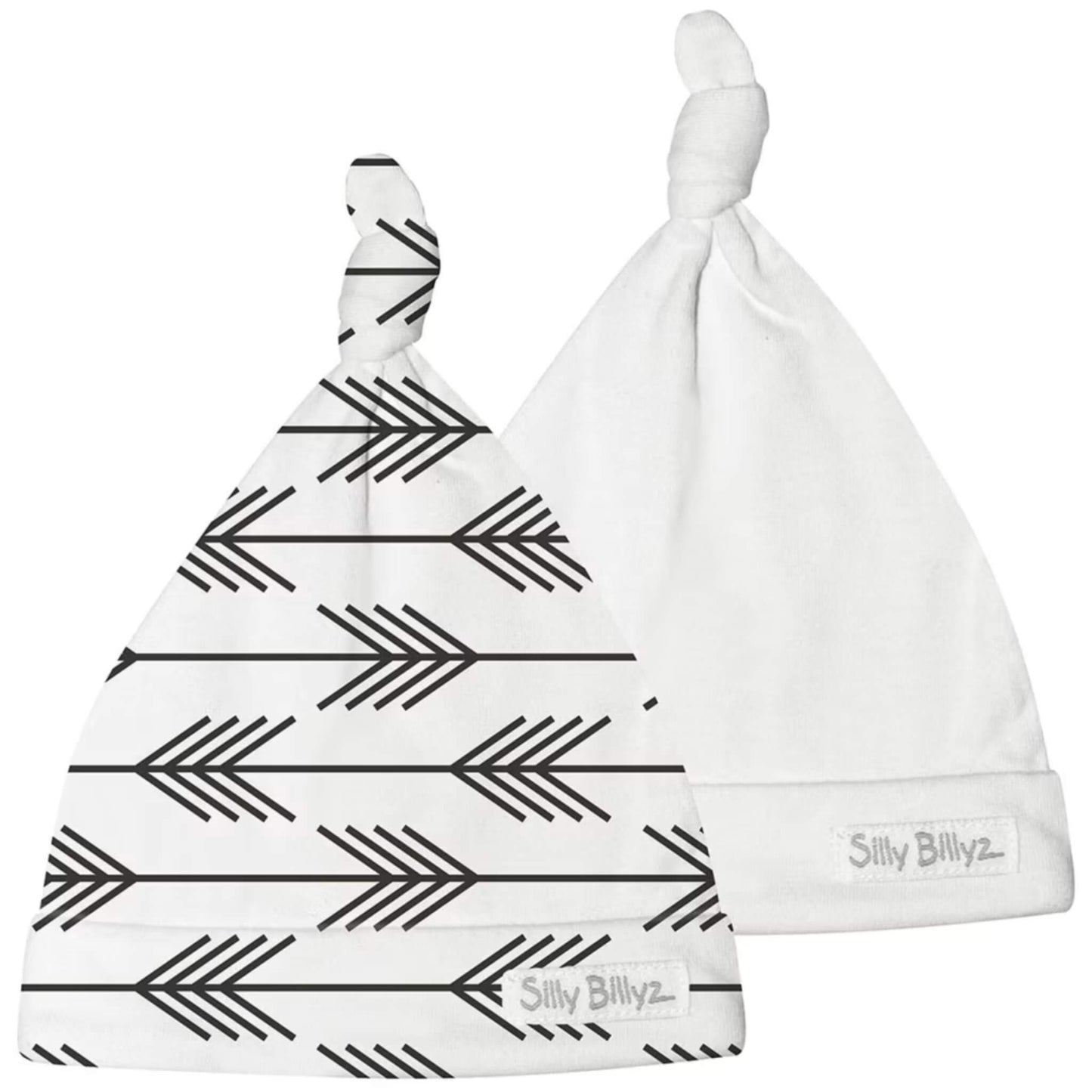 Silly Billyz Gumnut Baby Hat set showing two newborn cotton beanies, one white and one with a black arrow print, each finished with a soft knotted top.