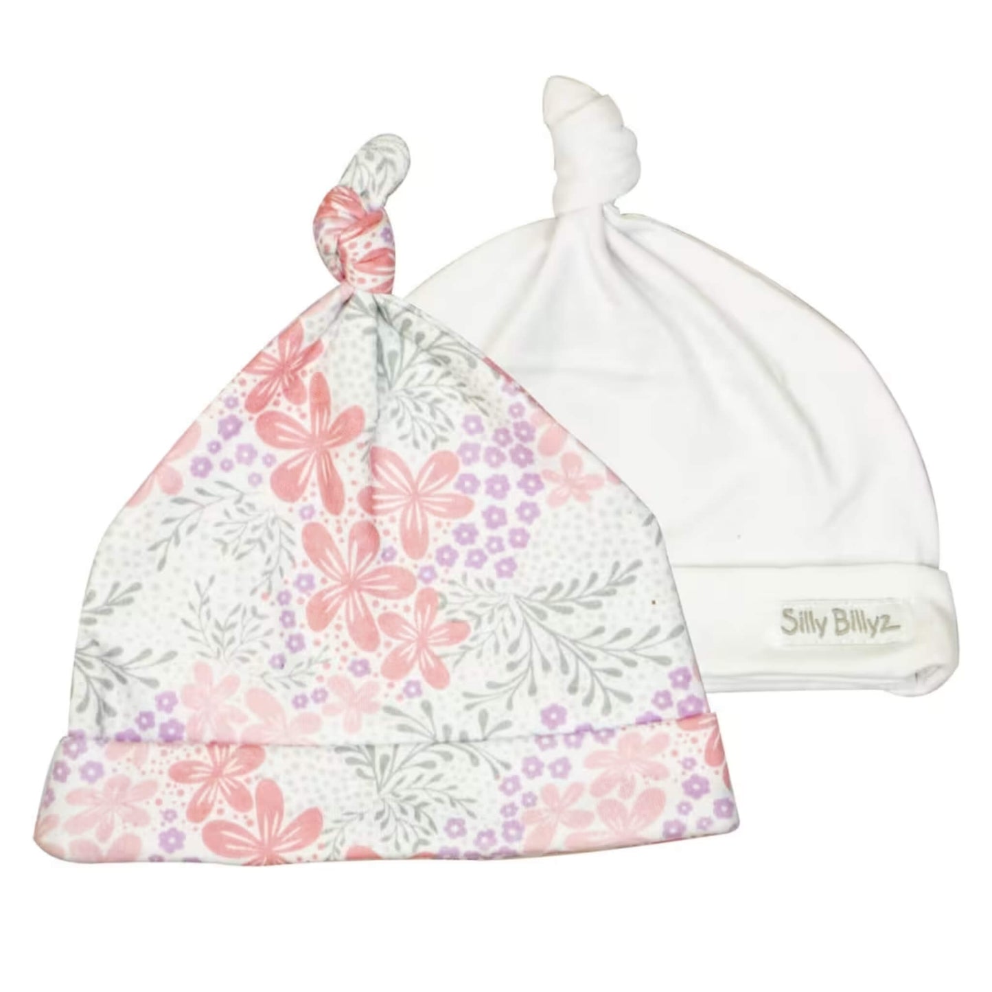 Silly Billyz™ Gumnut Baby Hat 2 Pack featuring a soft jersey cotton hat with a pink floral print and a plain white knotted baby hat for newborn comfort.