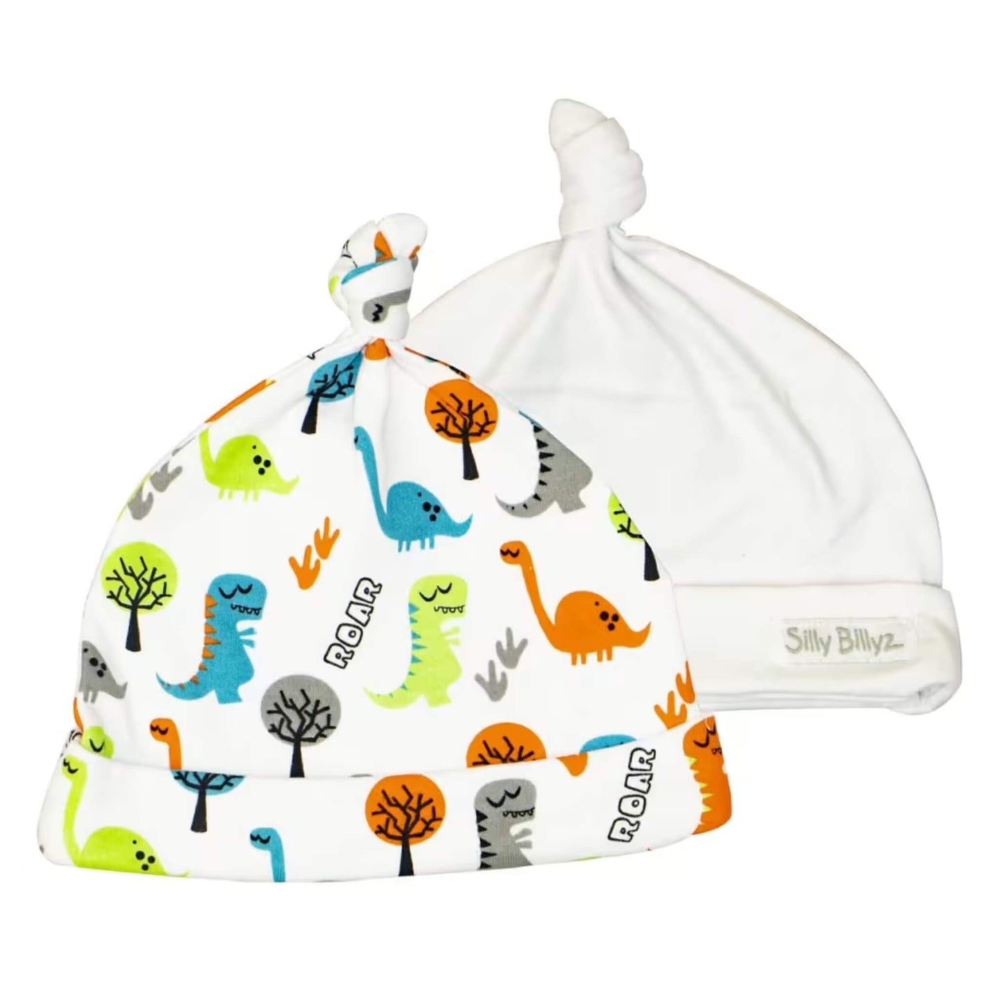 Silly Billyz™ Gumnut Baby Hat 2-Pack featuring a dinosaur print knotted jersey cotton hat and a plain white knotted baby hat, shown side by side on a white background.