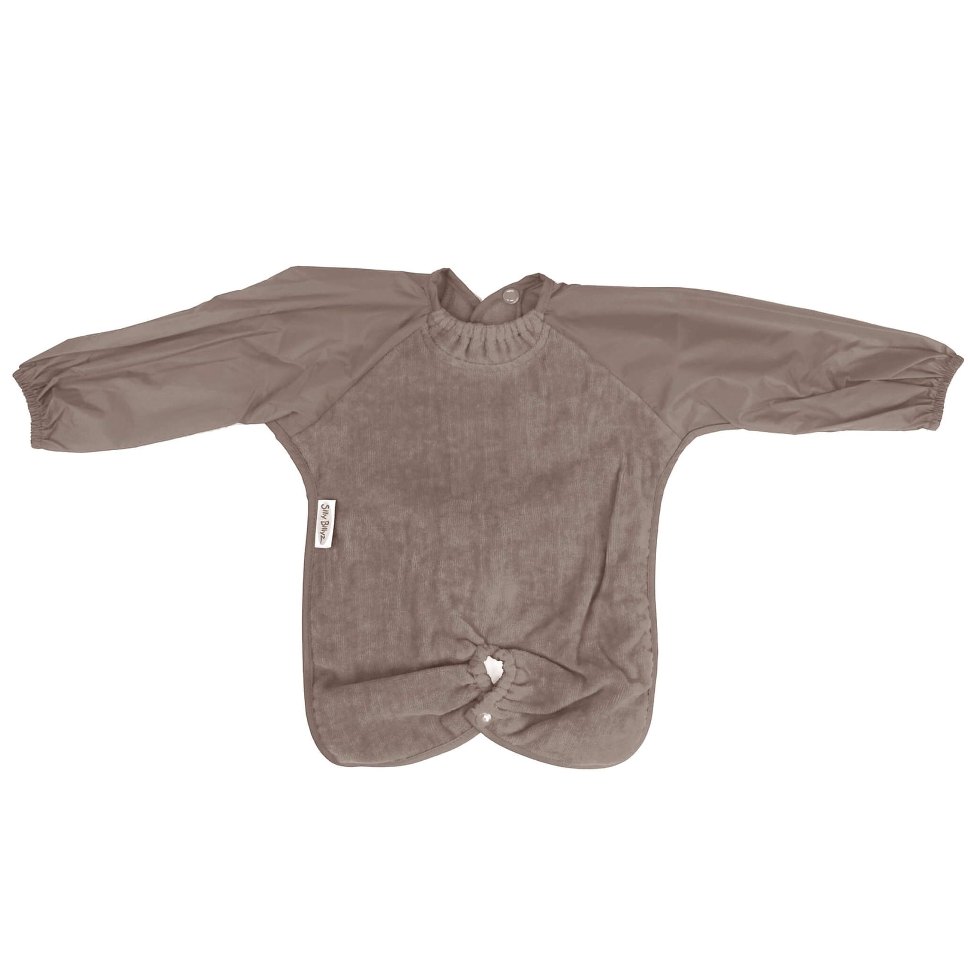 Silly Billyz Highchair Hugger Long Sleeve Towel Bib in taupe, laid flat to show the soft absorbent towelling body, long wipe-clean sleeves, elasticated neck opening, and snap fastening underneath to secure around a highchair.