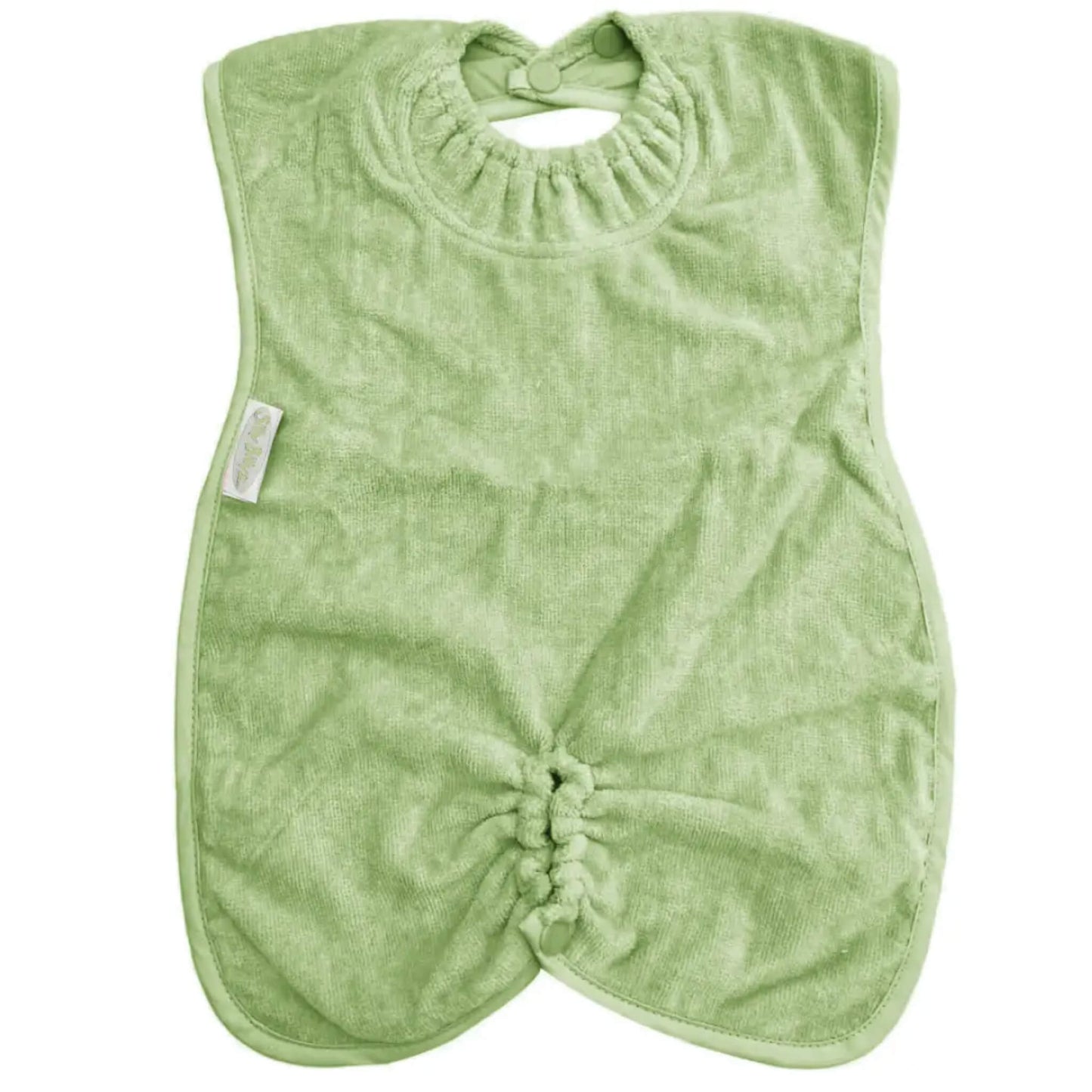 Silly Billyz Highchair Hugger Towel Bib in sage green, featuring a soft absorbent towelling fabric with a gathered neck opening and snap fastening underneath to secure around a highchair.