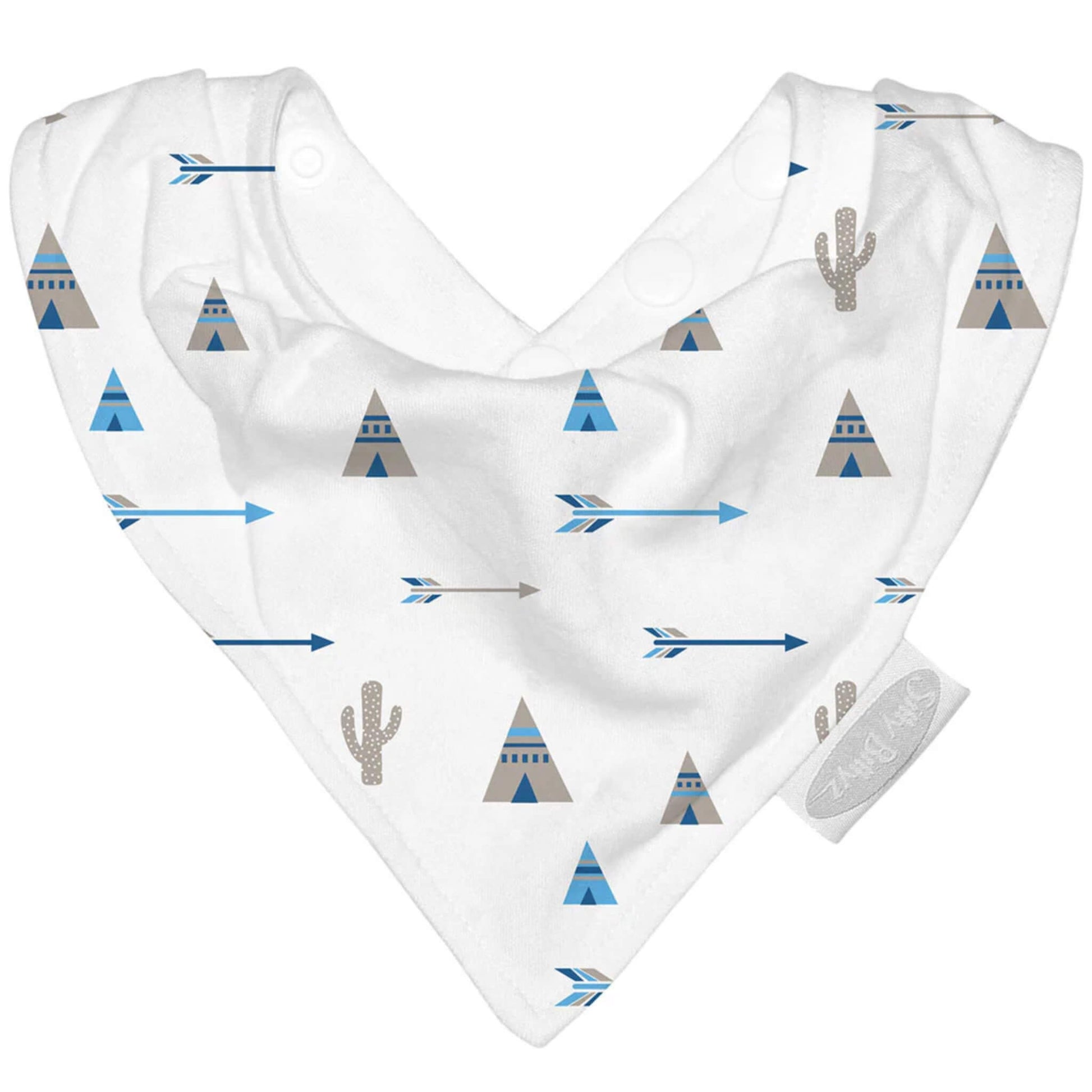 Jersey Bandana Bib featuring a white cotton bandana shape with teepee, arrow and cactus print, designed to sit neatly around a baby’s neck.
