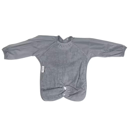 Grey Silly Billyz Long Sleeve Highchair Hugger Bib featuring full-length sleeves and ruched bottom for highchair use.