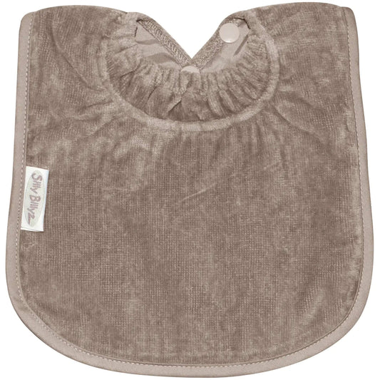 Silly Billyz Large Bib in taupe with soft velour texture, elasticated neckline and press stud fastening for easy dressing.