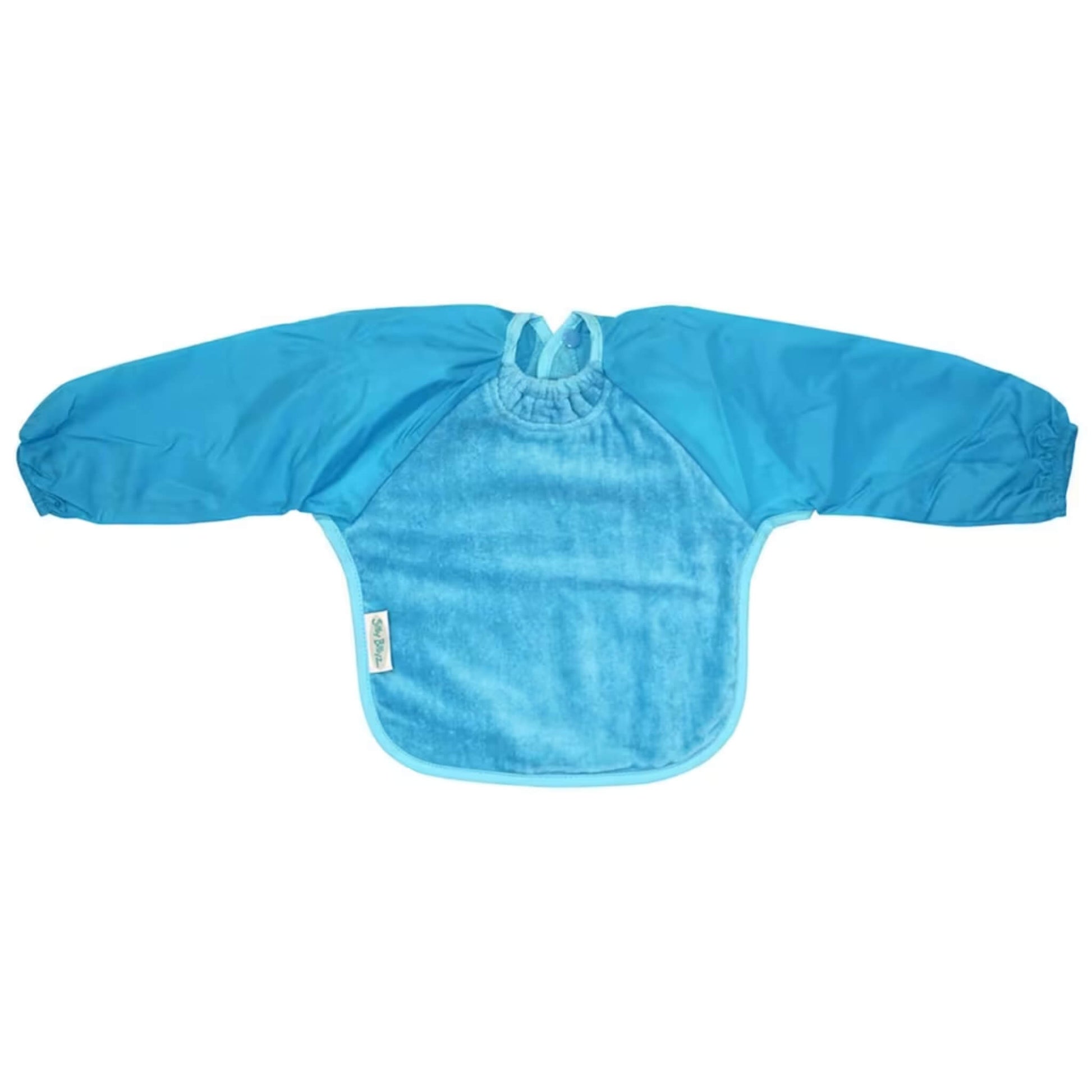 Silly Billyz Towel Long Sleeve Bib in aqua, shown laid flat with full-length water-resistant sleeves, an absorbent towelling front, a gathered neckline, and a back snap closure for easy dressing during feeding.