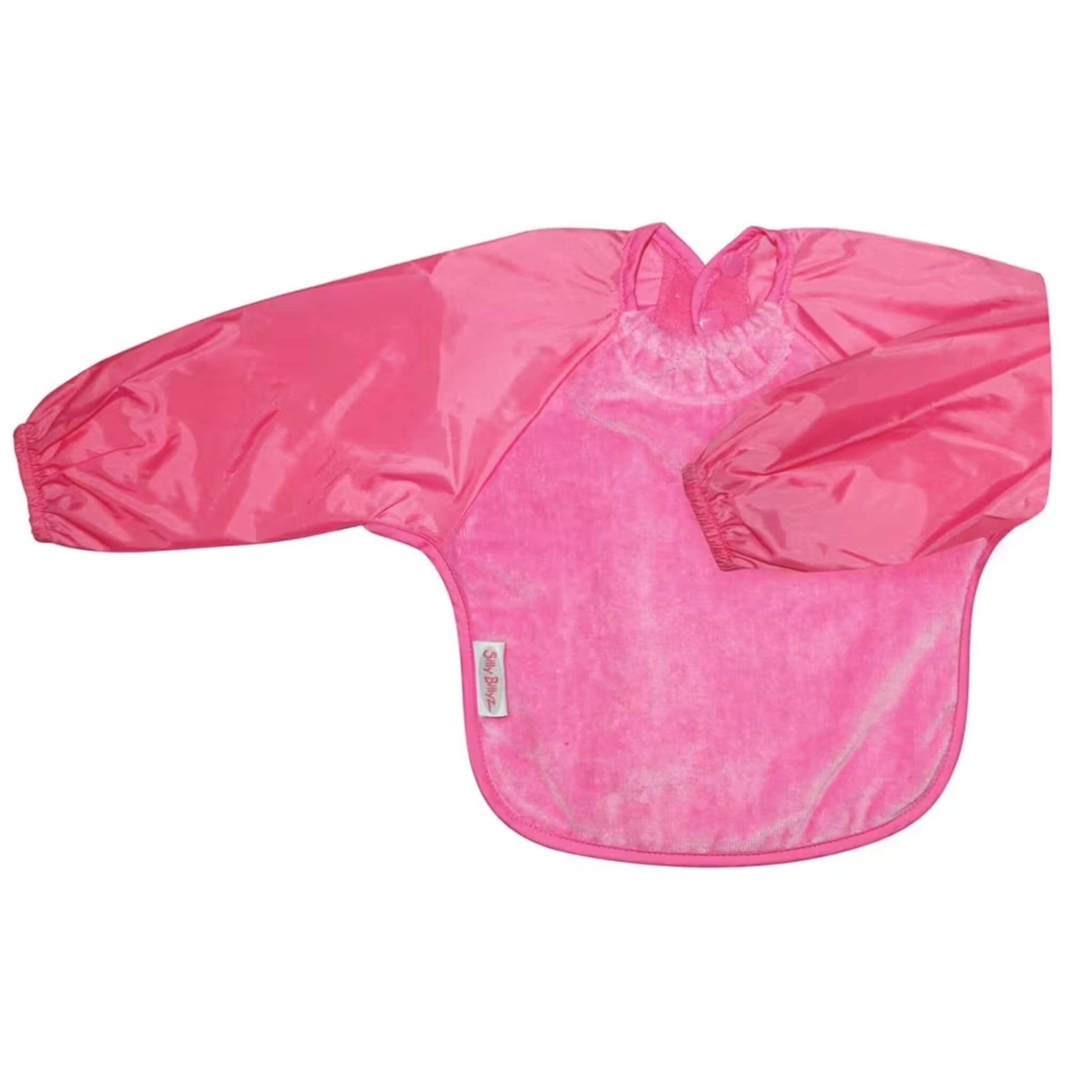 Silly Billyz Towel Long Sleeve Bib in cerise, shown laid flat with an absorbent towelling front, full-length water-resistant sleeves, a gathered neckline, and a back snap closure.