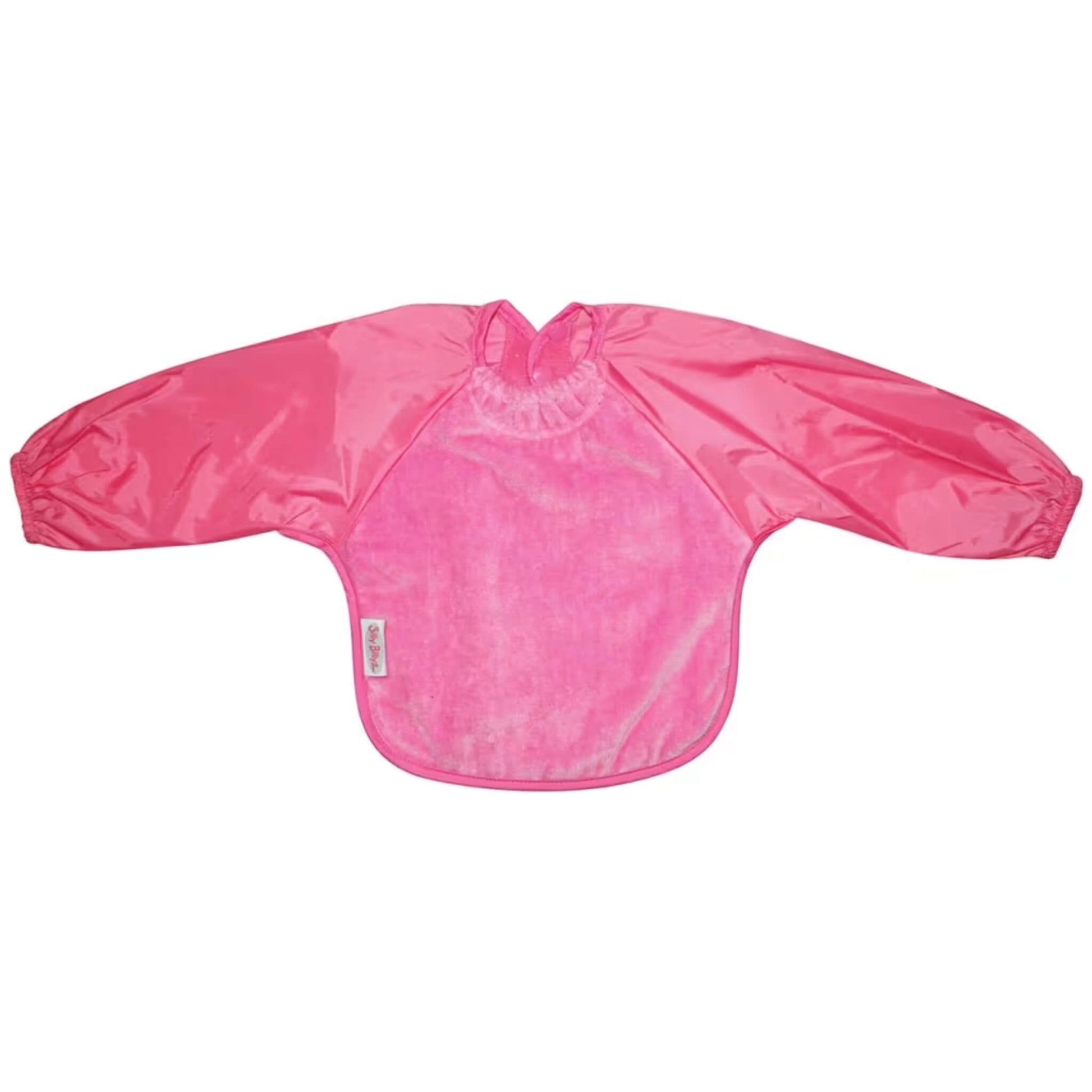 Long sleeve baby bib in cerise with a soft towelling body, water-resistant sleeves, elasticated cuffs, and a rounded shape designed to protect arms and clothing during feeding.