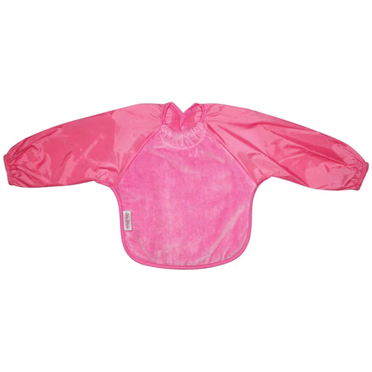 Long sleeve baby bib in cerise with a soft towelling body, water-resistant sleeves, elasticated cuffs, and a rounded shape designed to protect arms and clothing during feeding.