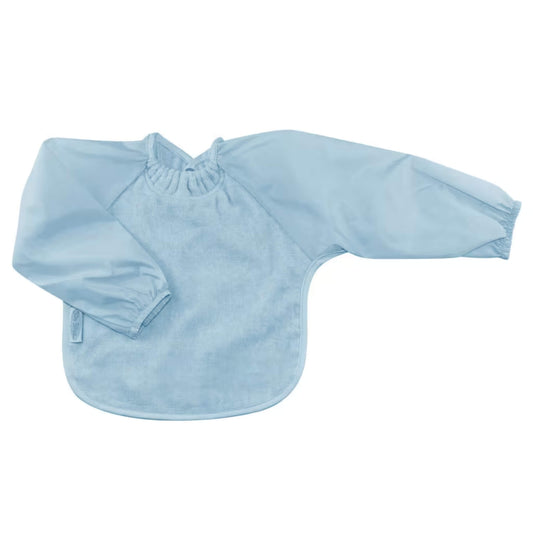 Silly Billyz Towel Long Sleeve Bib in dusty blue, shown laid flat with an absorbent cotton towelling front, full-length water-resistant sleeves with elasticated cuffs, a gathered neckline, and a back snap closure.
