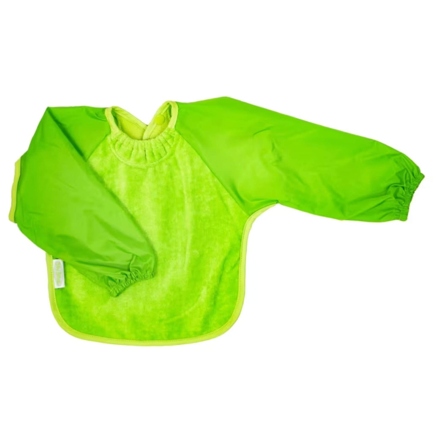 Silly Billyz Towel Long Sleeve Bib in lime green, shown laid flat with an absorbent cotton towelling front, full-length water-resistant sleeves with elasticated cuffs, a gathered neckline, and a back snap closure.