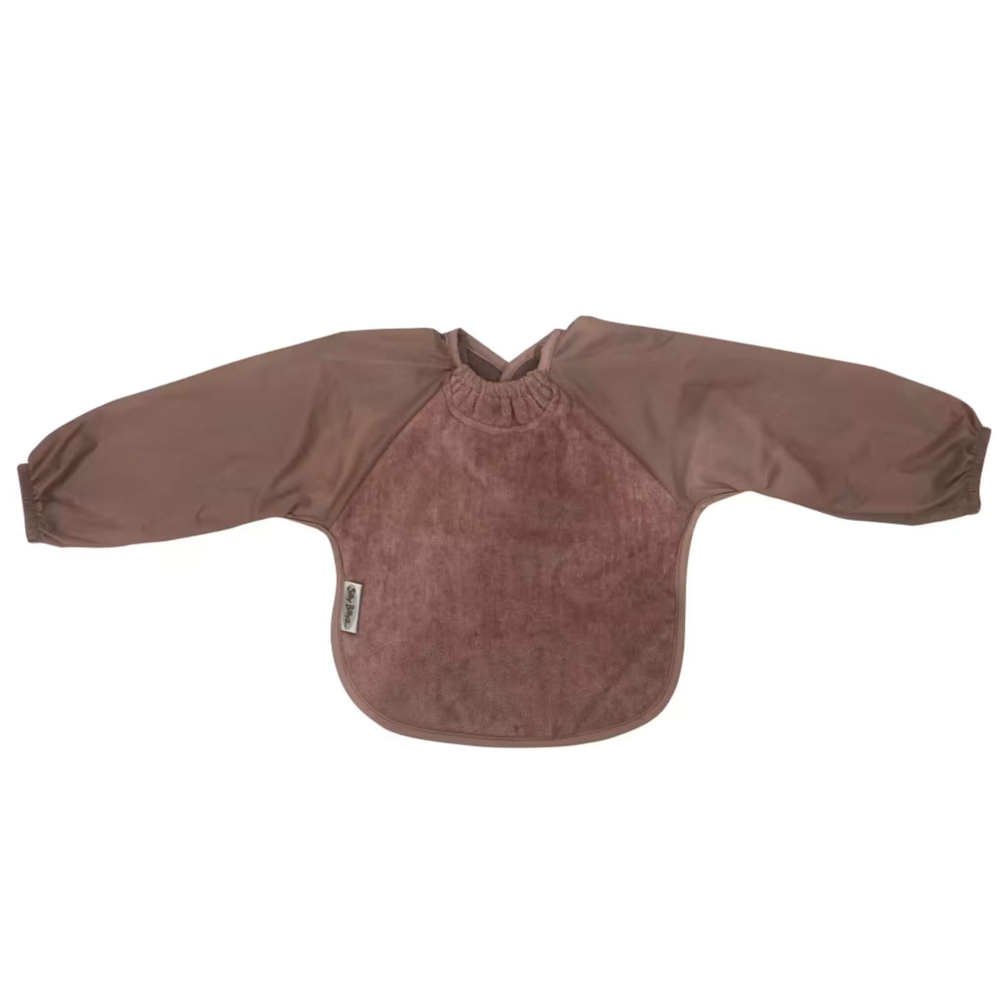 Silly Billyz Towel Long Sleeve Bib in brown, shown laid flat with an absorbent cotton towelling front, full-length water-resistant sleeves with elasticated cuffs, a gathered neckline, and a back snap closure.