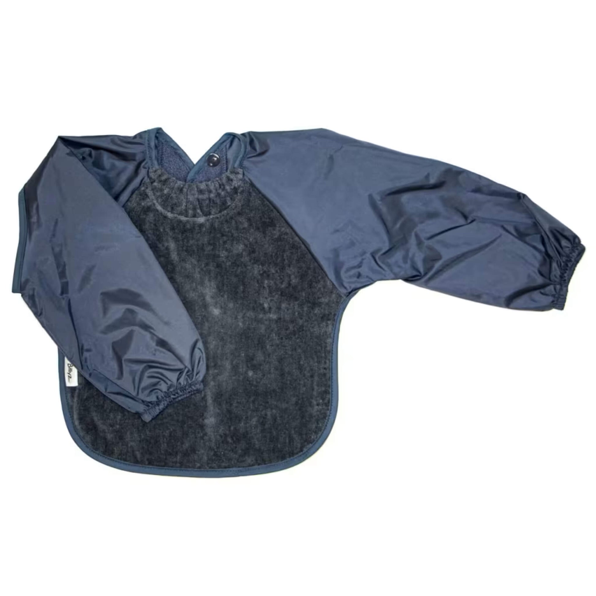 Silly Billyz Towel Long Sleeve Bib in navy blue, shown laid flat with an absorbent cotton towelling front, full-length water-resistant sleeves with elasticated cuffs, a gathered neckline, and a back snap closure.