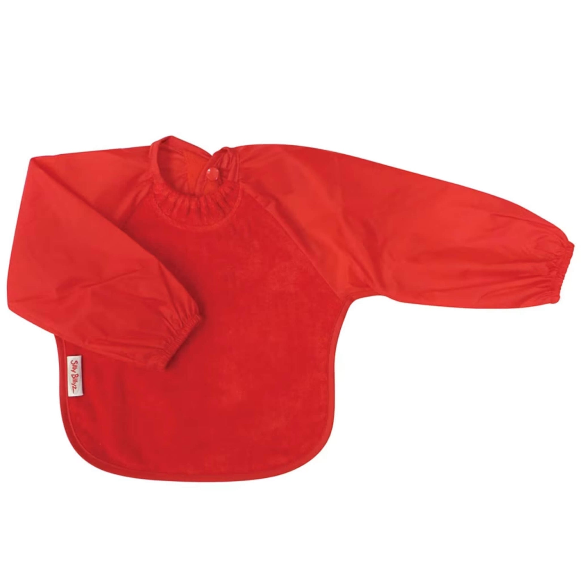 Silly Billyz Towel Long Sleeve Bib in red, shown laid flat with an absorbent cotton towelling front, full-length water-resistant sleeves with elasticated cuffs, a gathered neckline, and a back snap closure.