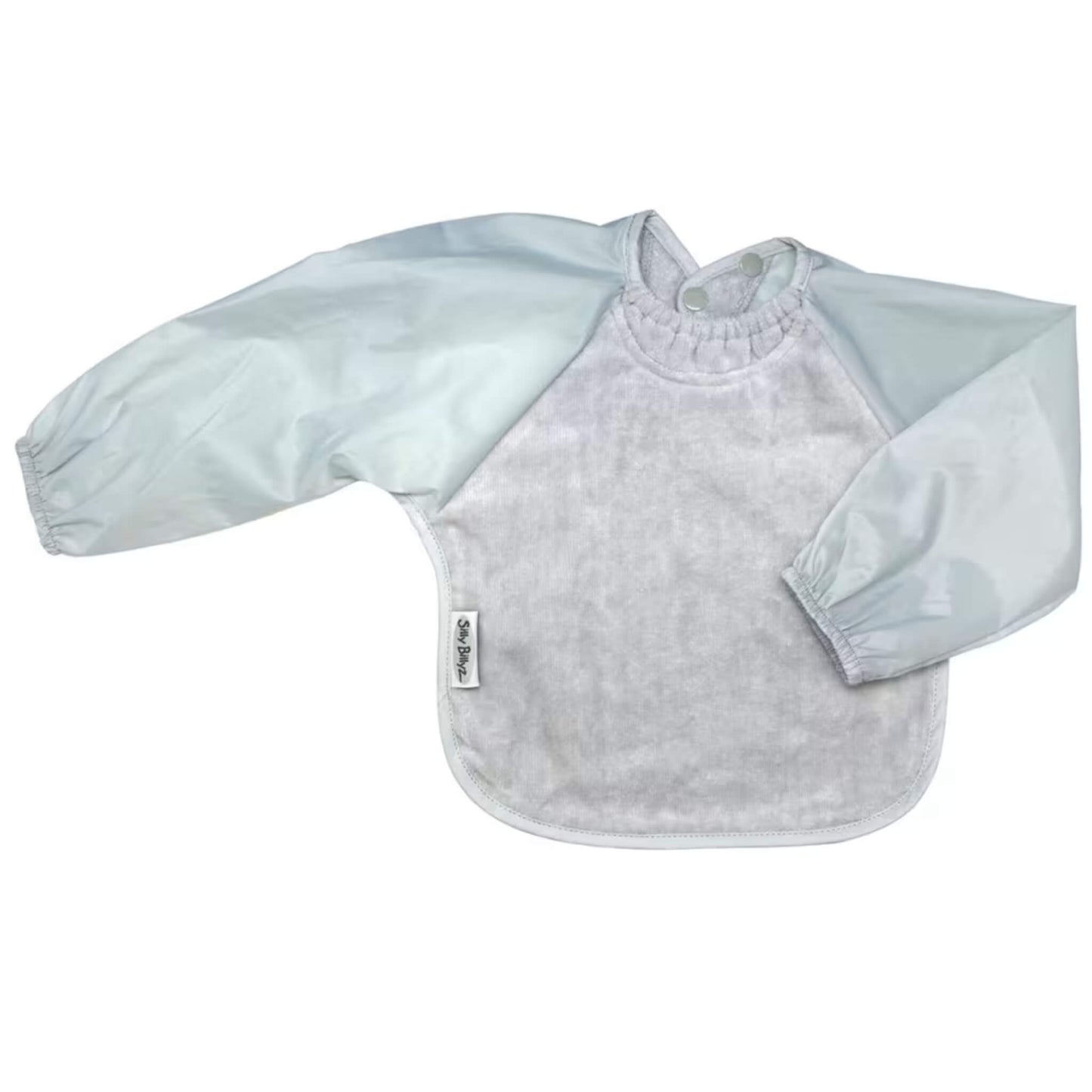 Long sleeved baby bib with a soft towelling front and water-resistant sleeves, designed to help protect clothes during early self-feeding and messy mealtimes.