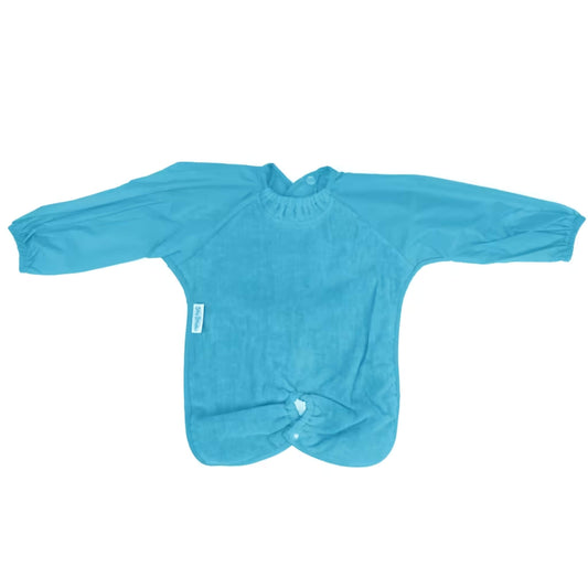 Silly Billyz Long Sleeve Highchair Hugger Bib in aqua, shown laid flat with full-length sleeves, wide shoulders, towel front and highchair attachment.
