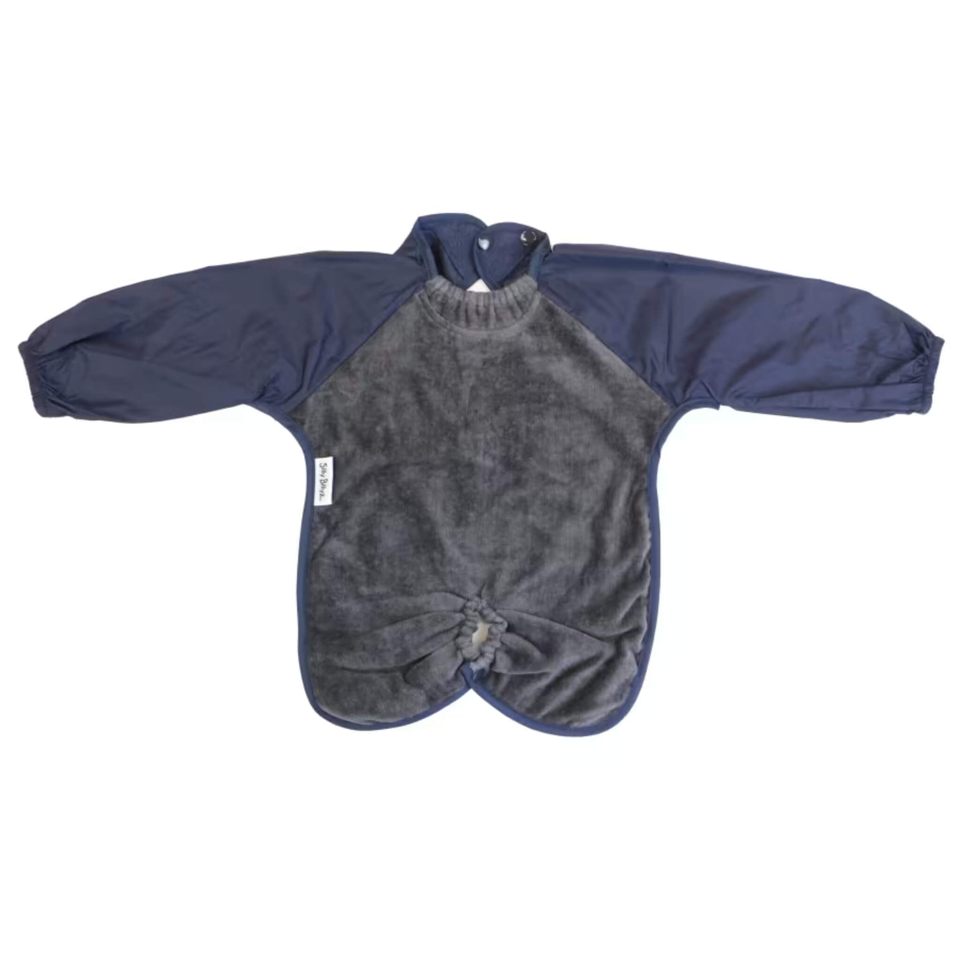 Silly Billyz Long Sleeve Highchair Hugger Bib in aqua, shown laid flat with full-length sleeves, wide shoulders, towel front and highchair attachment.