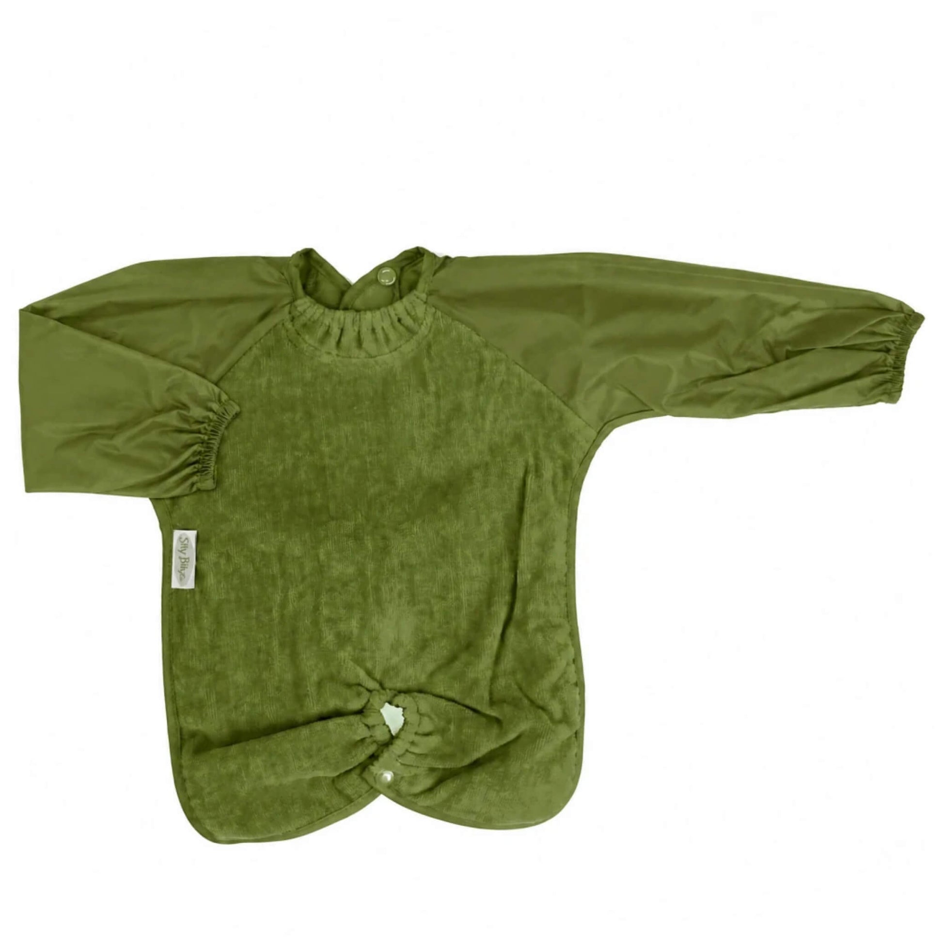 Silly Billyz Long Sleeve Highchair Hugger Bib in Olive with waterproof sleeves, absorbent towel front and integrated highchair attachment.