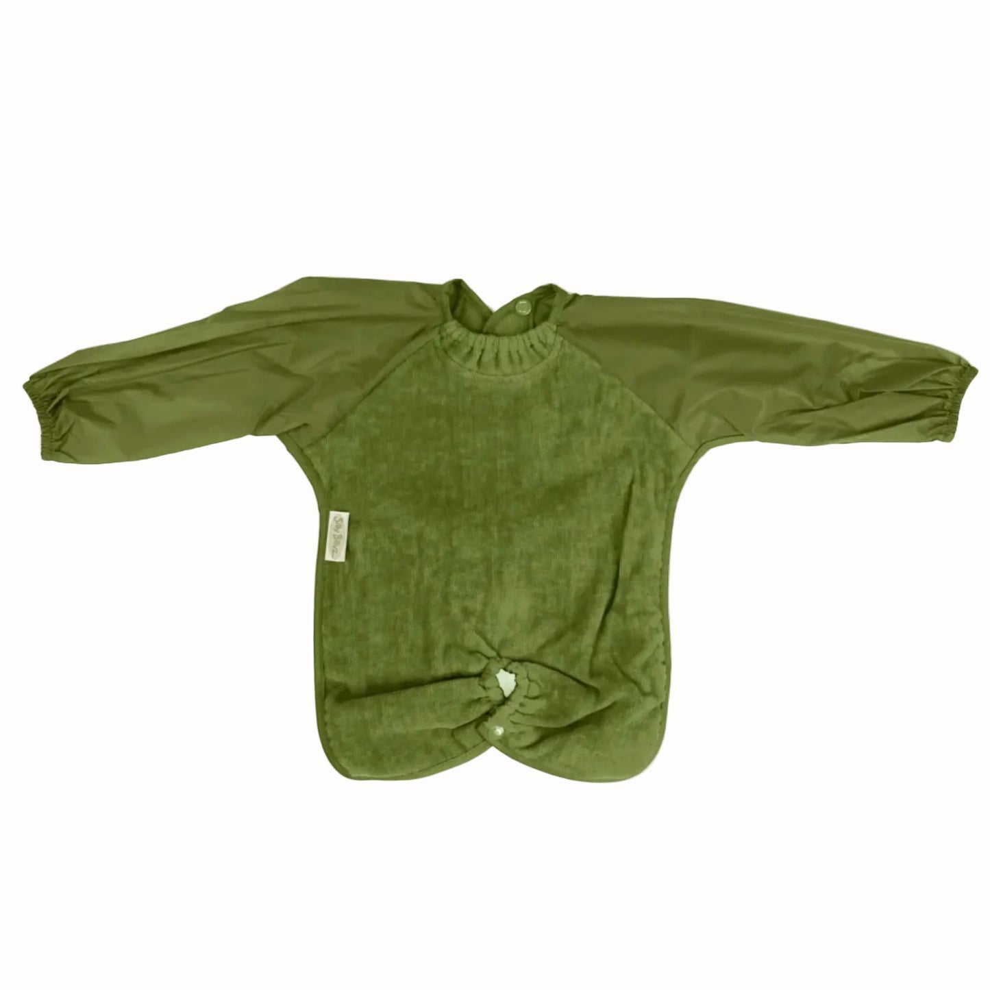 Olive green long-sleeve feeding bib with waterproof sleeves, soft absorbent towel front, elasticated cuffs and highchair hugger fastening.