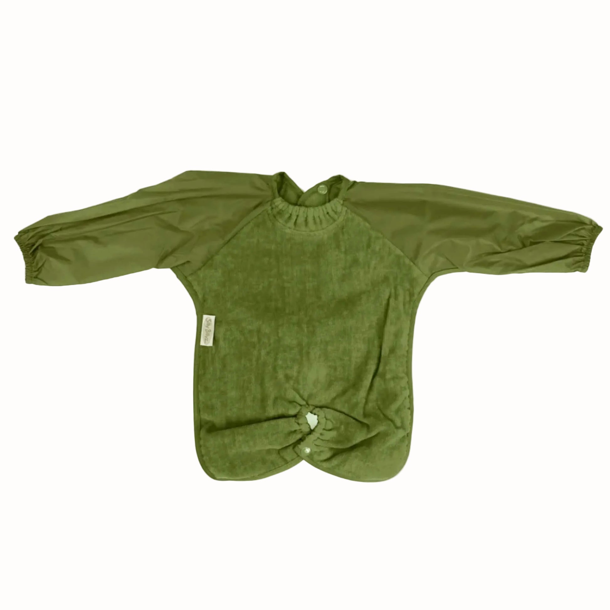 Olive green long-sleeve feeding bib with waterproof sleeves, soft absorbent towel front, elasticated cuffs and highchair hugger fastening.