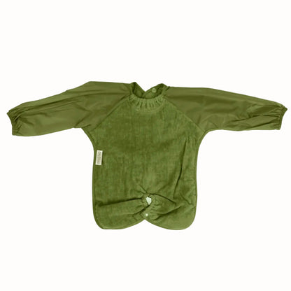 Olive green long-sleeve feeding bib with waterproof sleeves, soft absorbent towel front, elasticated cuffs and highchair hugger fastening.
