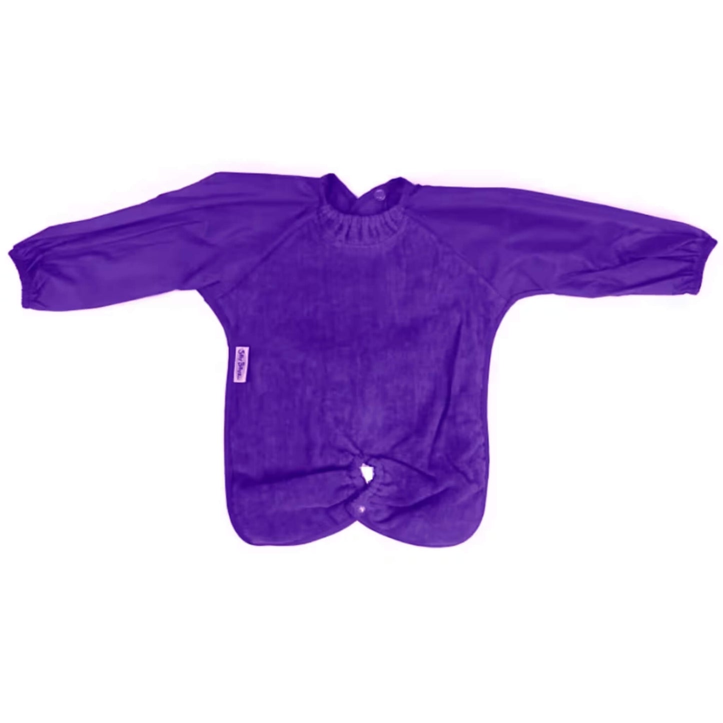 Silly Billyz Long Sleeve Highchair Hugger Bib in purple, shown laid flat with full-length sleeves, wide shoulders, towel front and highchair attachment.
