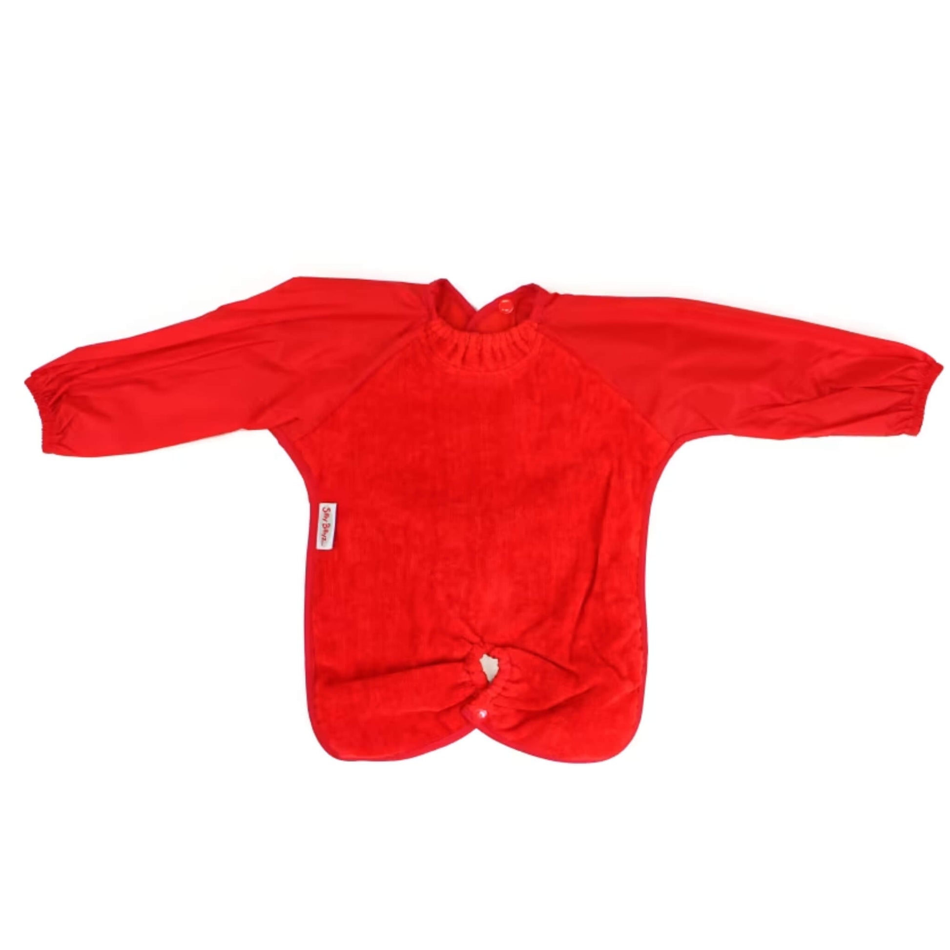 Silly Billyz Long Sleeve Highchair Hugger Bib in red, shown laid flat with full-length sleeves, wide shoulders, towel front and highchair attachment.