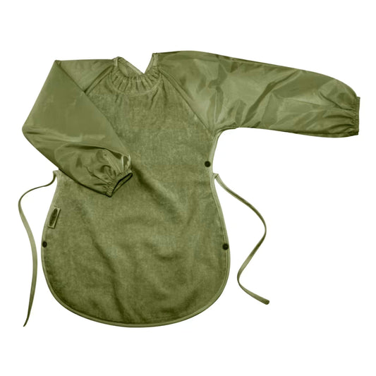 Olive green Silly Billyz Messy Eater Bib featuring absorbent towelling front, waterproof sleeves, and food-catching side ties.