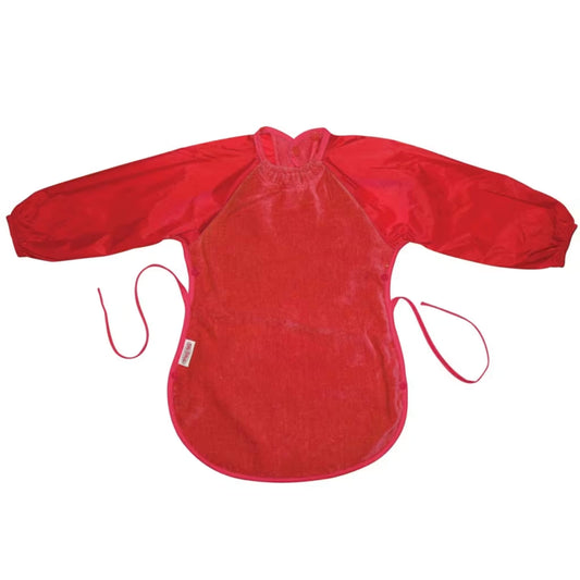 Red Silly Billyz Messy Eater Bib with long sleeves, soft towelling body, waterproof backing, and wraparound tie fastenings.