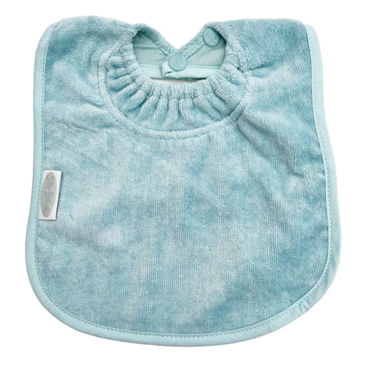 Silly Billyz Plain Large Bib in Maitai Bay blue with soft velour towelling front and waterproof backing. Double press studs shown flat for adjustable fit.