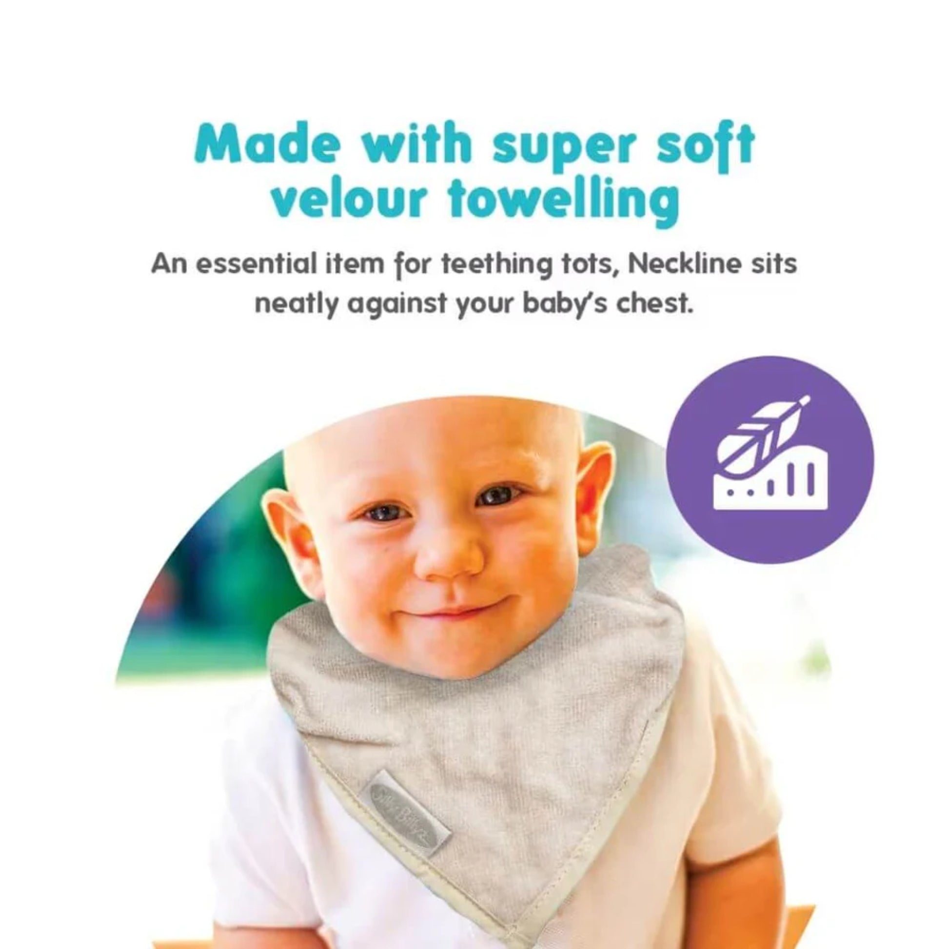 A baby wearing a neutral cream bandana bib, showing coverage across the chest and a neat fit around the neckline.