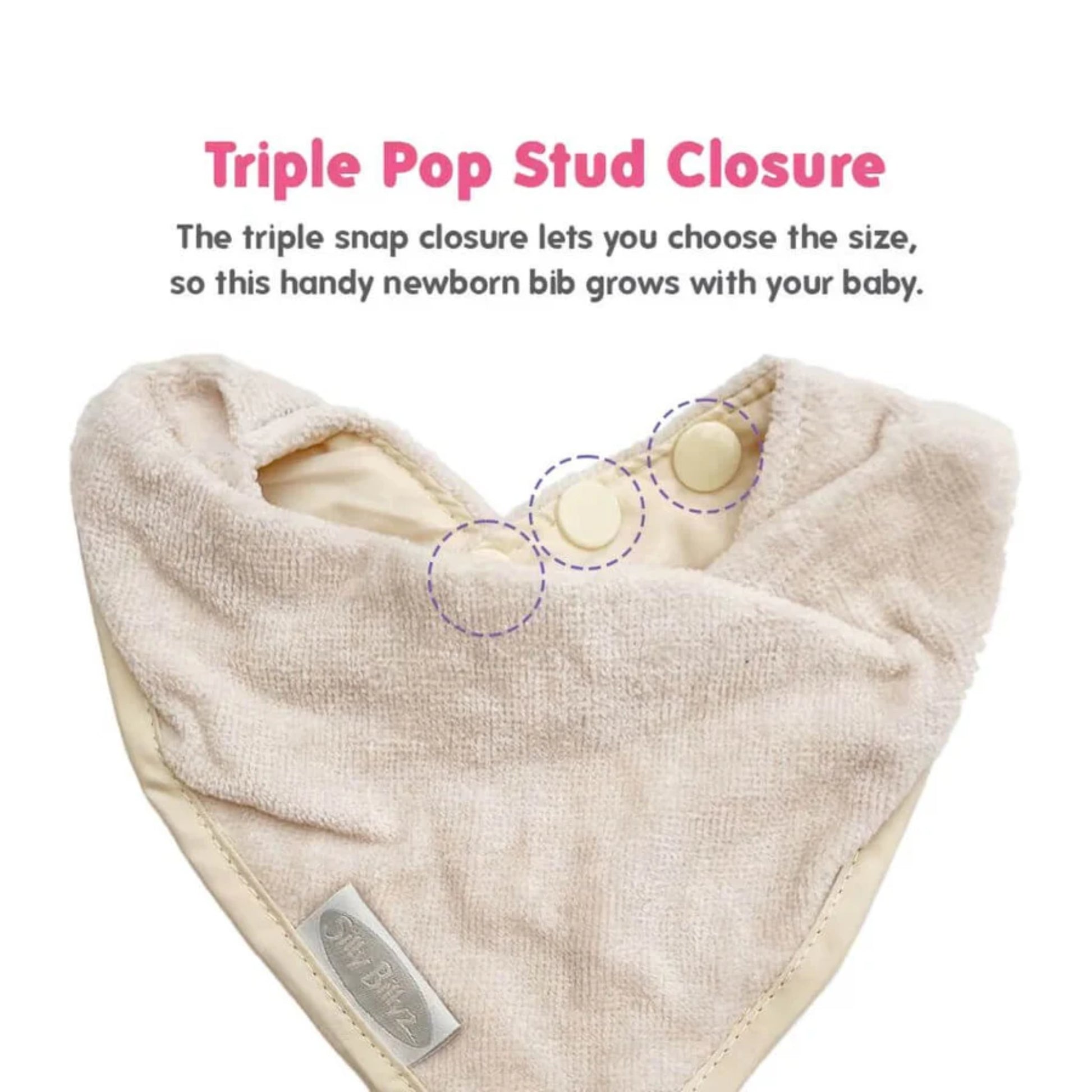 A bandana bib displayed with text highlighting a triple pop stud closure, showing adjustable fastening points along the neckline.