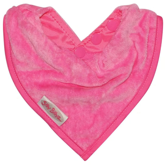 Silly Billyz Towel Bandana Bib shown in a cerise velour towelling fabric with a soft absorbent texture, neat triangular shape and adjustable pop-stud fastening at the neckline.