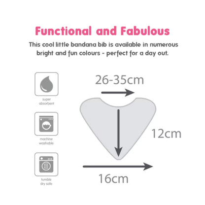 Illustrated size guide showing adjustable neck circumference of 26–35 cm, bib length of 12 cm, and width of 16 cm.