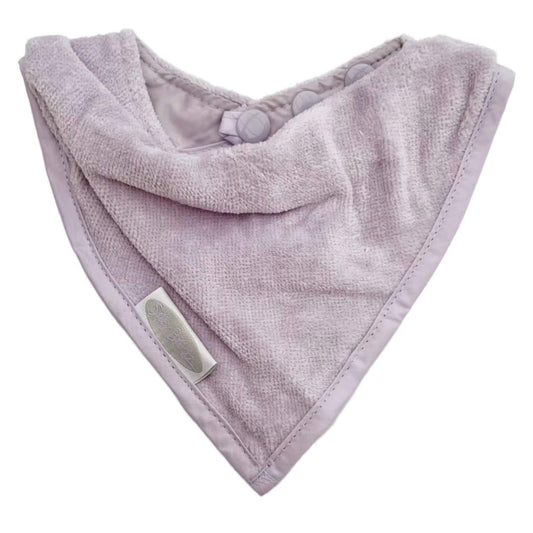 Silly Billyz Towel Bandana Bib shown in a soft lavender velour towelling fabric with a triangular bandana shape and neat stitched edging.