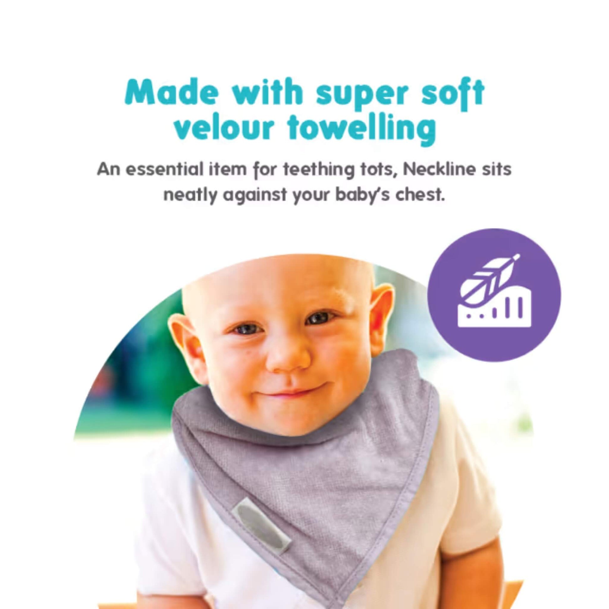 Lifestyle image of a baby wearing a lavender bandana bib, showing how the triangular shape sits neatly at the front of the chest.