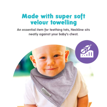 Lifestyle image of a baby wearing a lavender bandana bib, showing how the triangular shape sits neatly at the front of the chest.