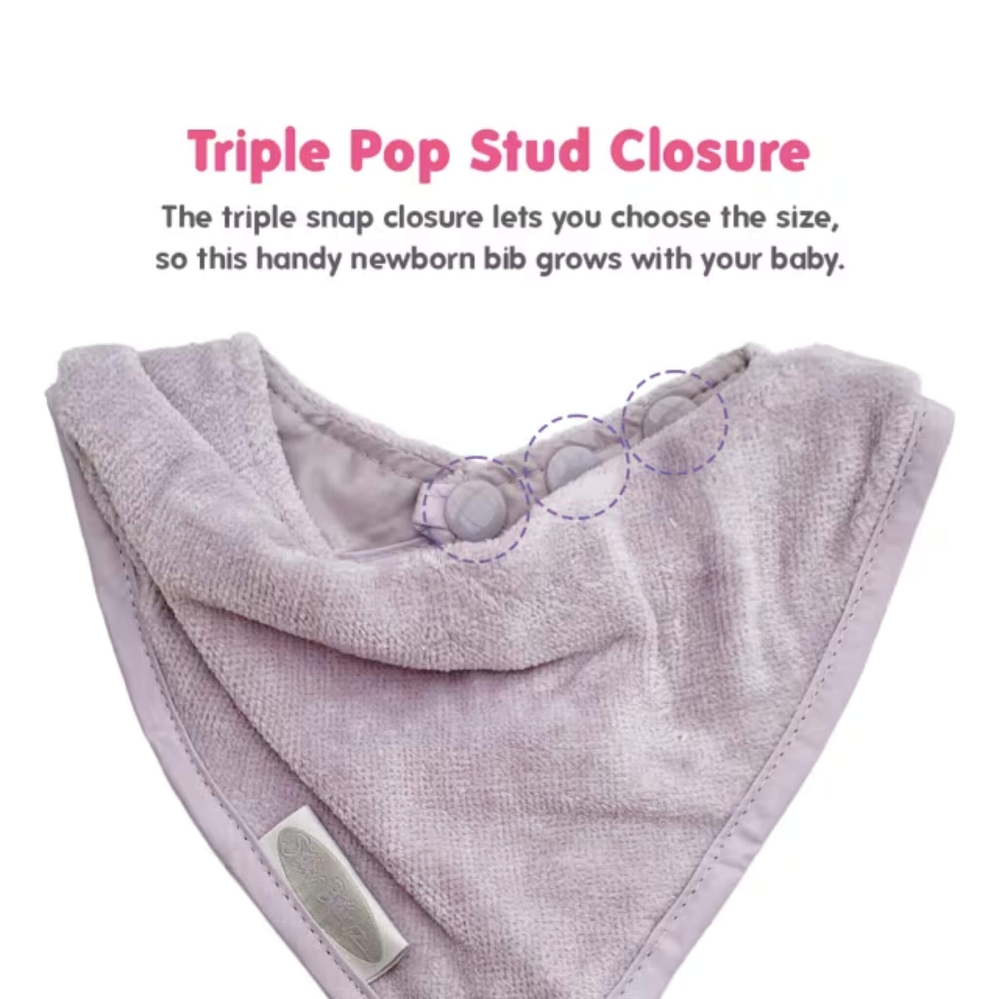 Close-up of pop-stud closure on a lavender bandana bib, showing secure fastening points along the neckline.