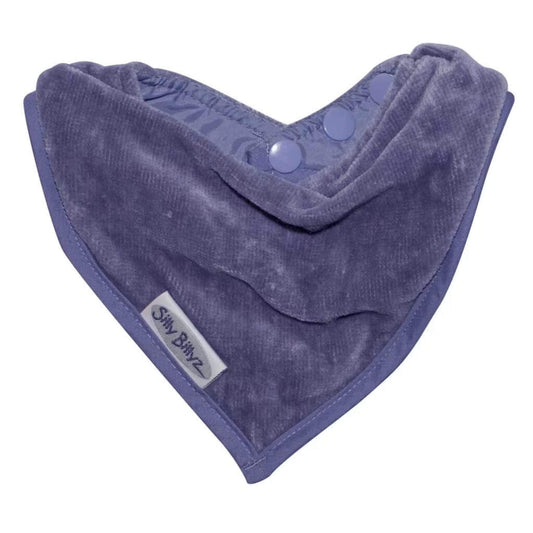 Silly Billyz Towel Bandana Bib shown in a lilac velour towelling fabric with a triangular bandana shape and neat stitched edging.