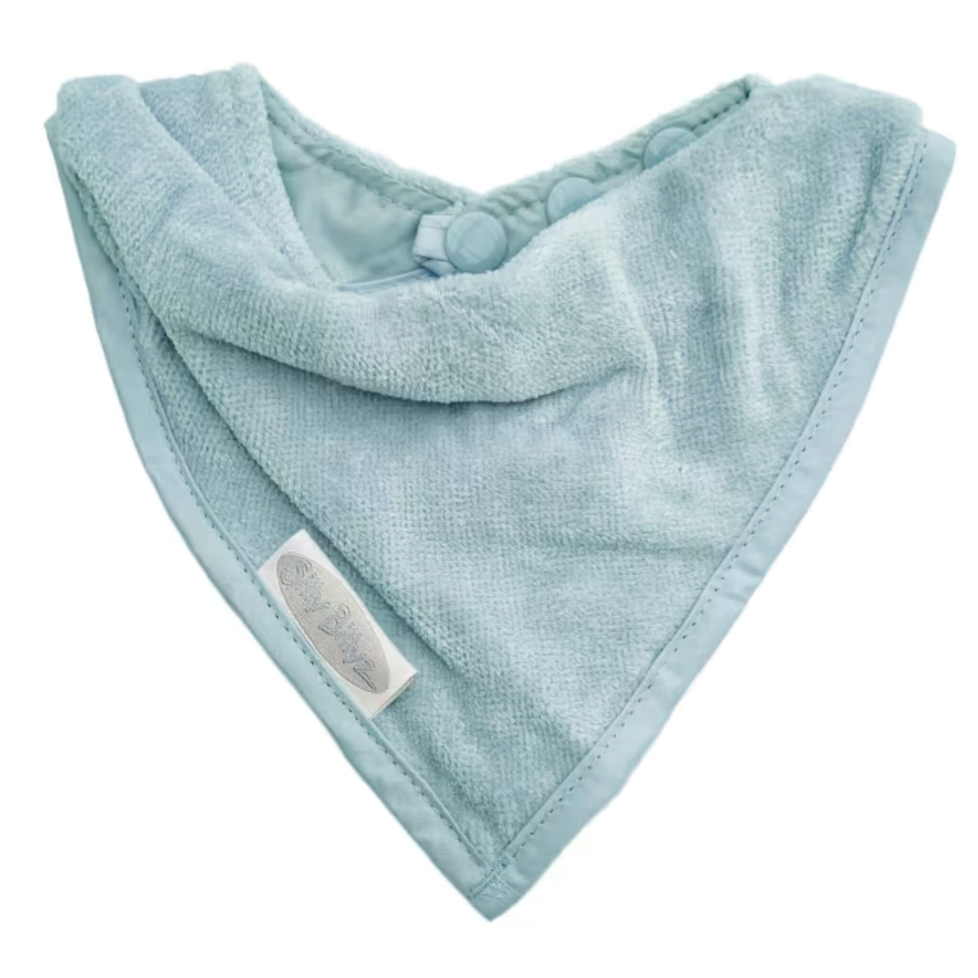 Silly Billyz Towel Bandana Bib shown in a soft aqua velour towelling fabric with a triangular bandana shape and neatly stitched edging.