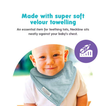 Lifestyle image of a baby wearing an aqua bandana bib, showing how the triangular shape sits neatly at the front of the chest.