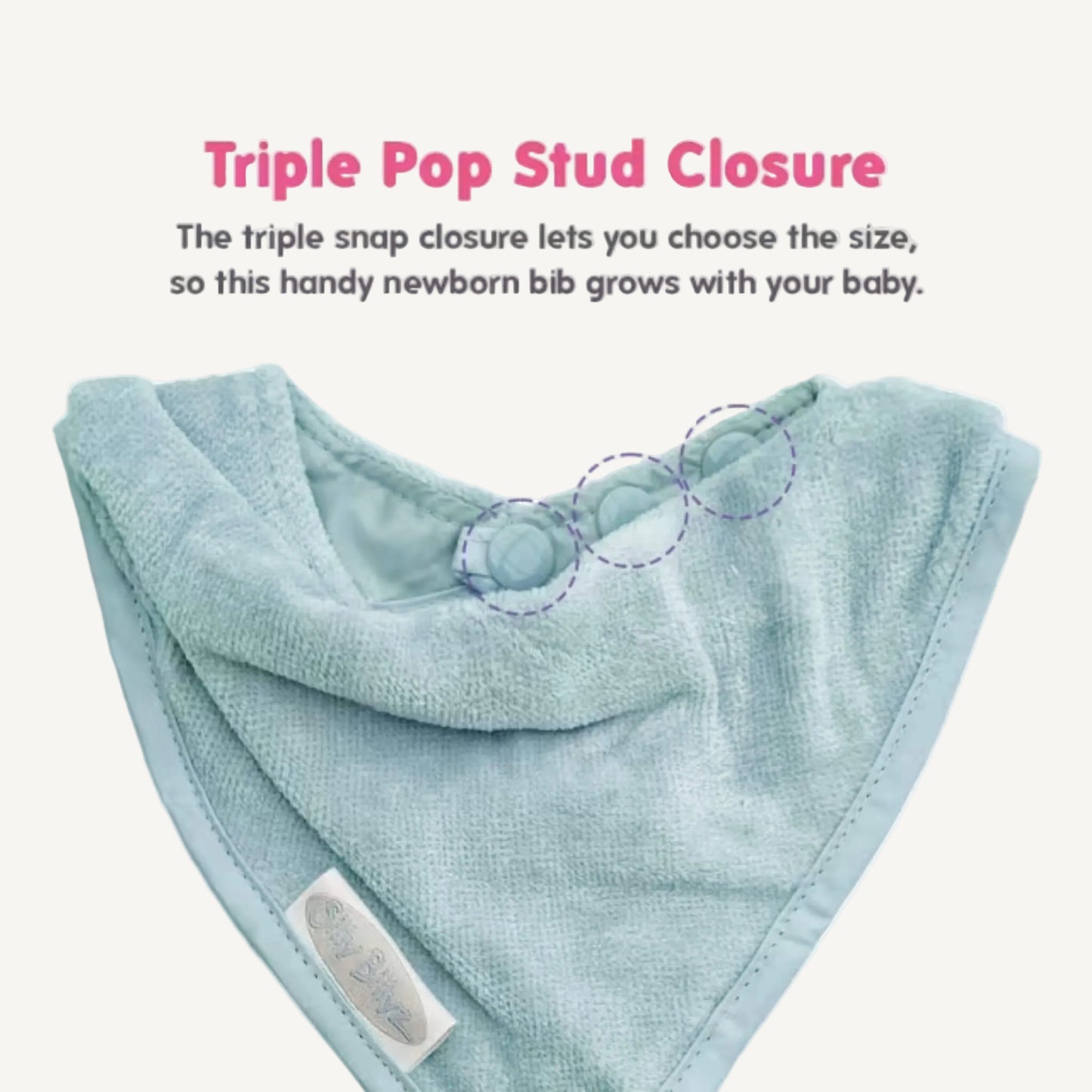 A graphic titled “Triple Pop Stud Closure” showing an aqua velour bandana bib with three pop studs along the neckline highlighted with dotted circles.