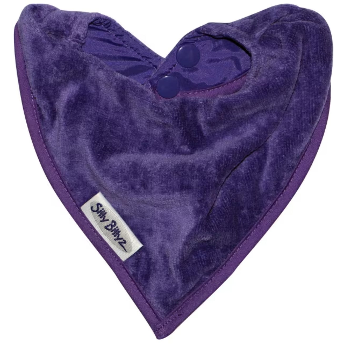 Silly Billyz Towel Bandana Bib shown in a soft purple velour towelling fabric with a triangular bandana shape and neatly stitched edging.