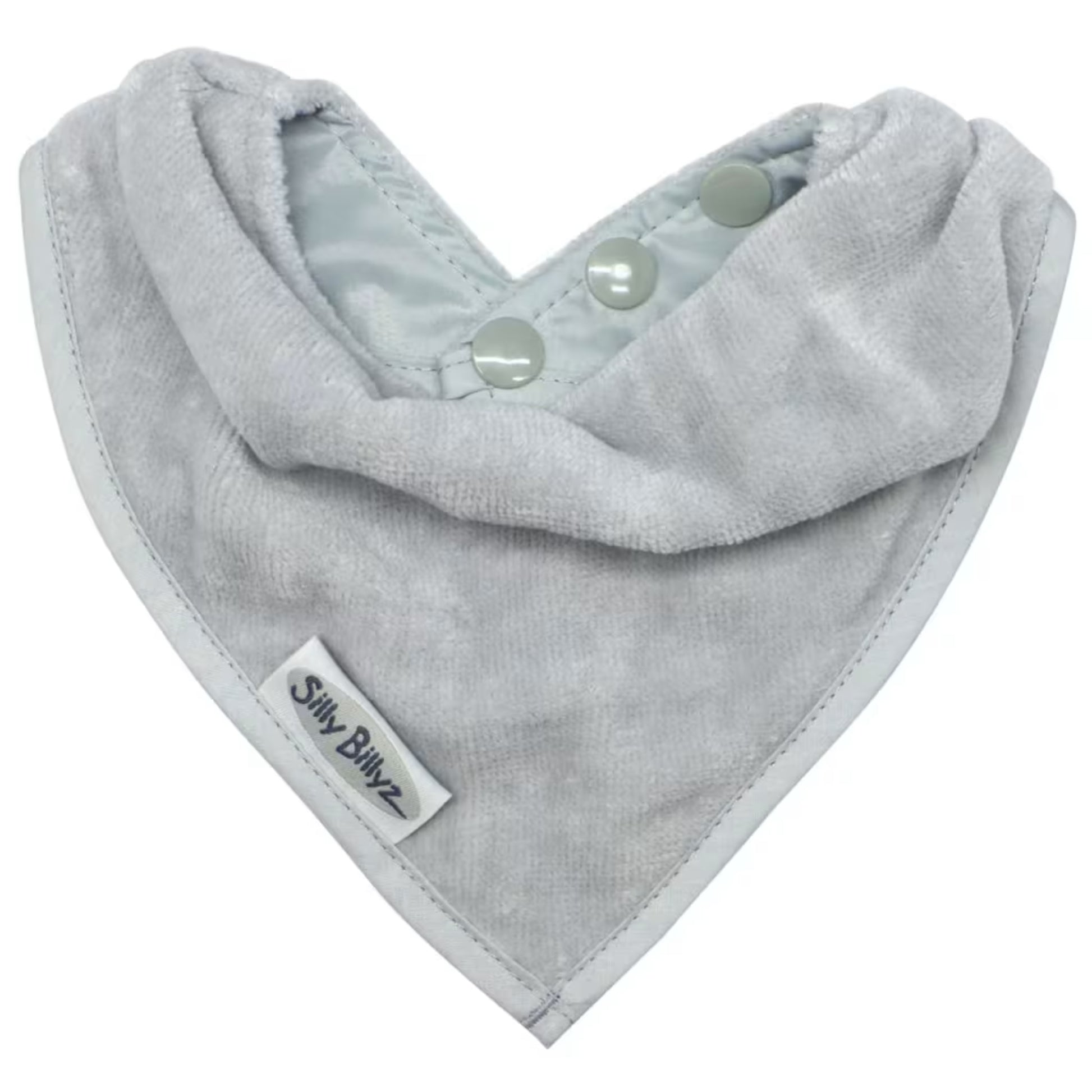 Silly Billyz Towel Bandana Bib shown in a soft light grey velour towelling fabric with a triangular bandana shape and neatly stitched edging.