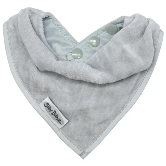 Silly Billyz Towel Bandana Bib shown in a soft light grey velour towelling fabric with a triangular bandana shape and neatly stitched edging.