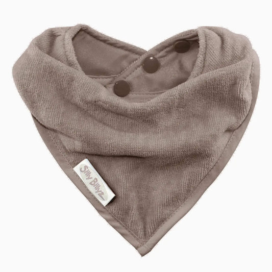 A Silly Billyz Towel Bandana Bib in taupe shown laid flat, shaped into a soft triangular drape with a towelling front, smooth backing and adjustable poppers.