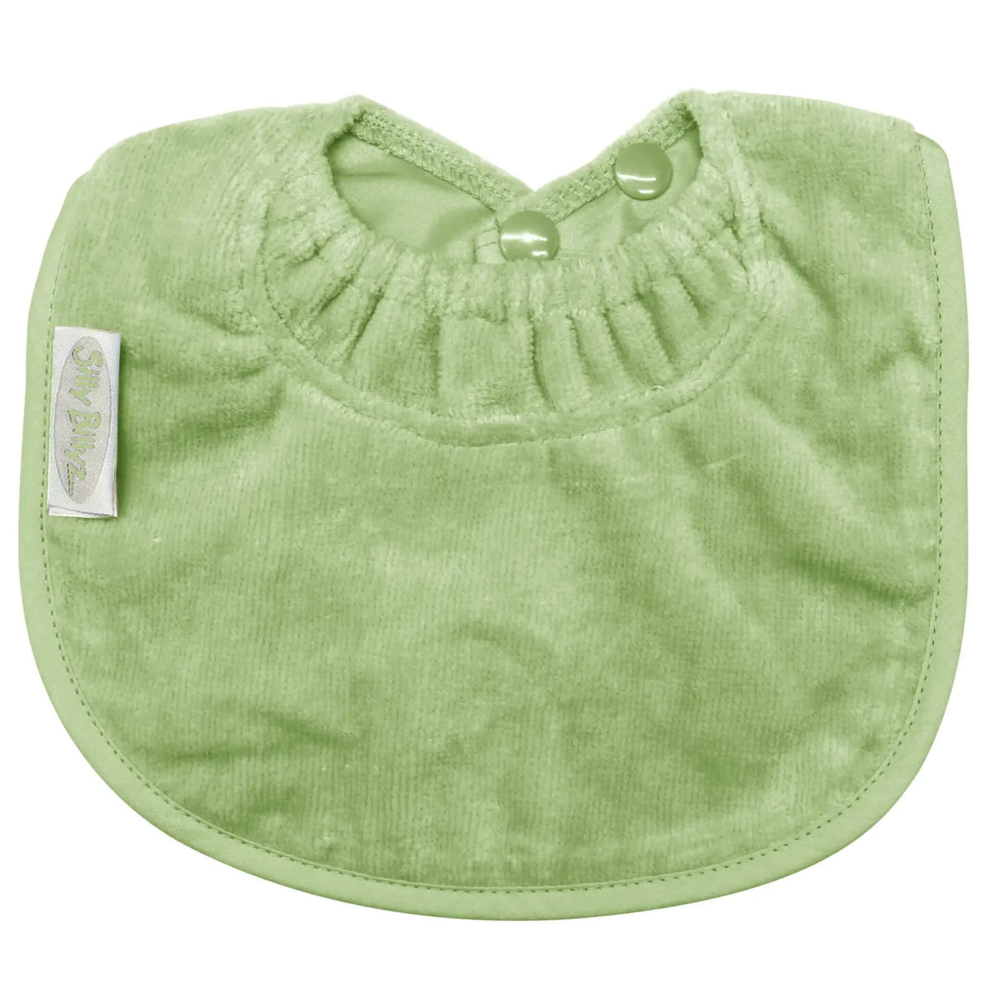 A small sage green towelling bib with a gathered neckline, rounded edges and two snap fasteners at the back.