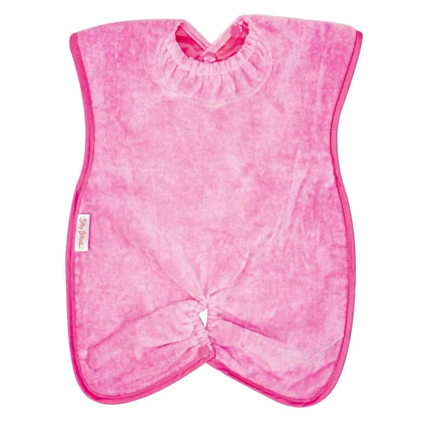 Silly Billyz Highchair Hugger Towel Bib in cerise pink, showing a soft towelling bib with elasticated neck opening, popper fastening at the back, and a gathered base designed to catch dropped food during highchair meals.
