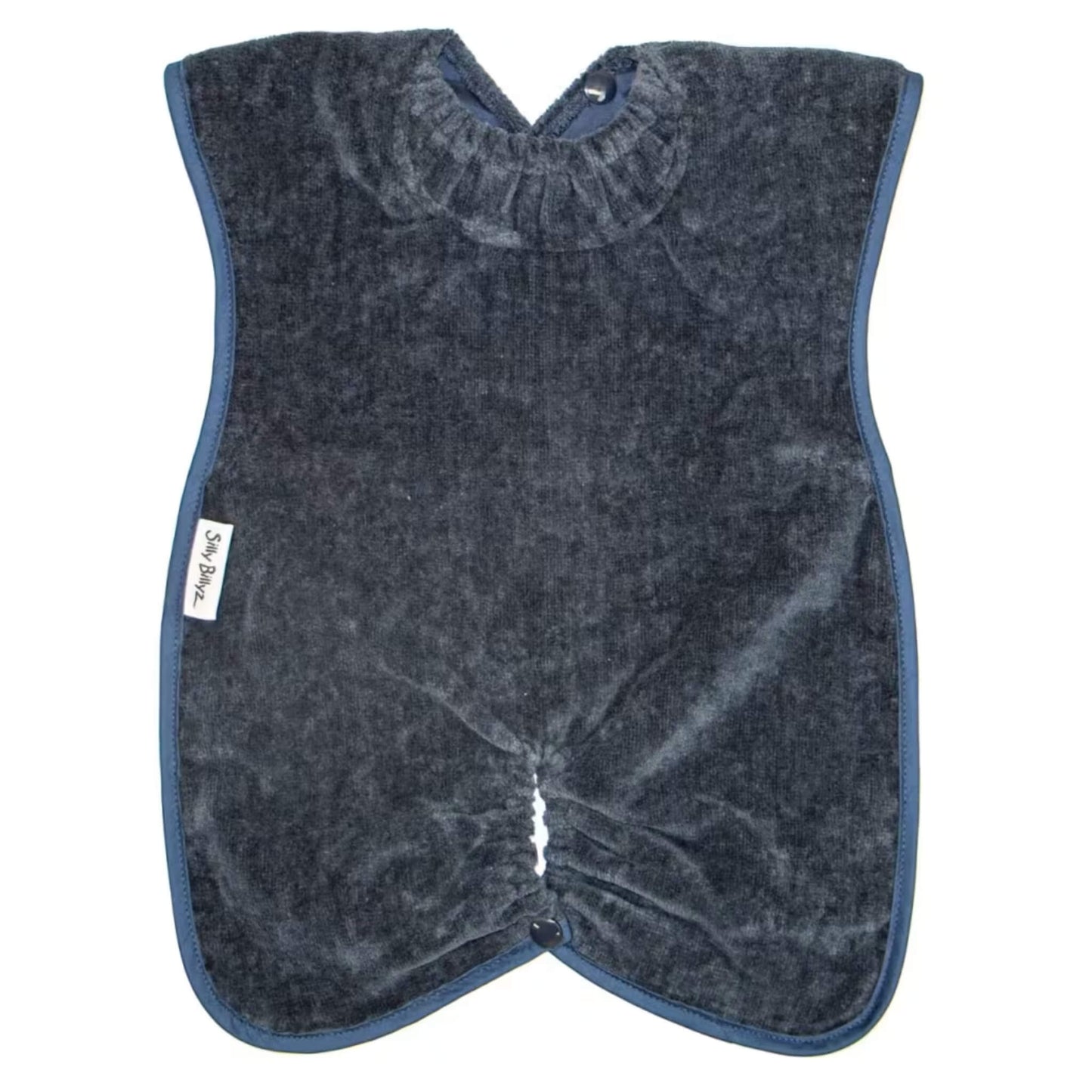 Silly Billyz Highchair Hugger Towel Bib in Navy, showing a soft towelling bib with elasticated neck opening, popper fastening at the back, and a gathered base designed to catch dropped food during highchair meals.