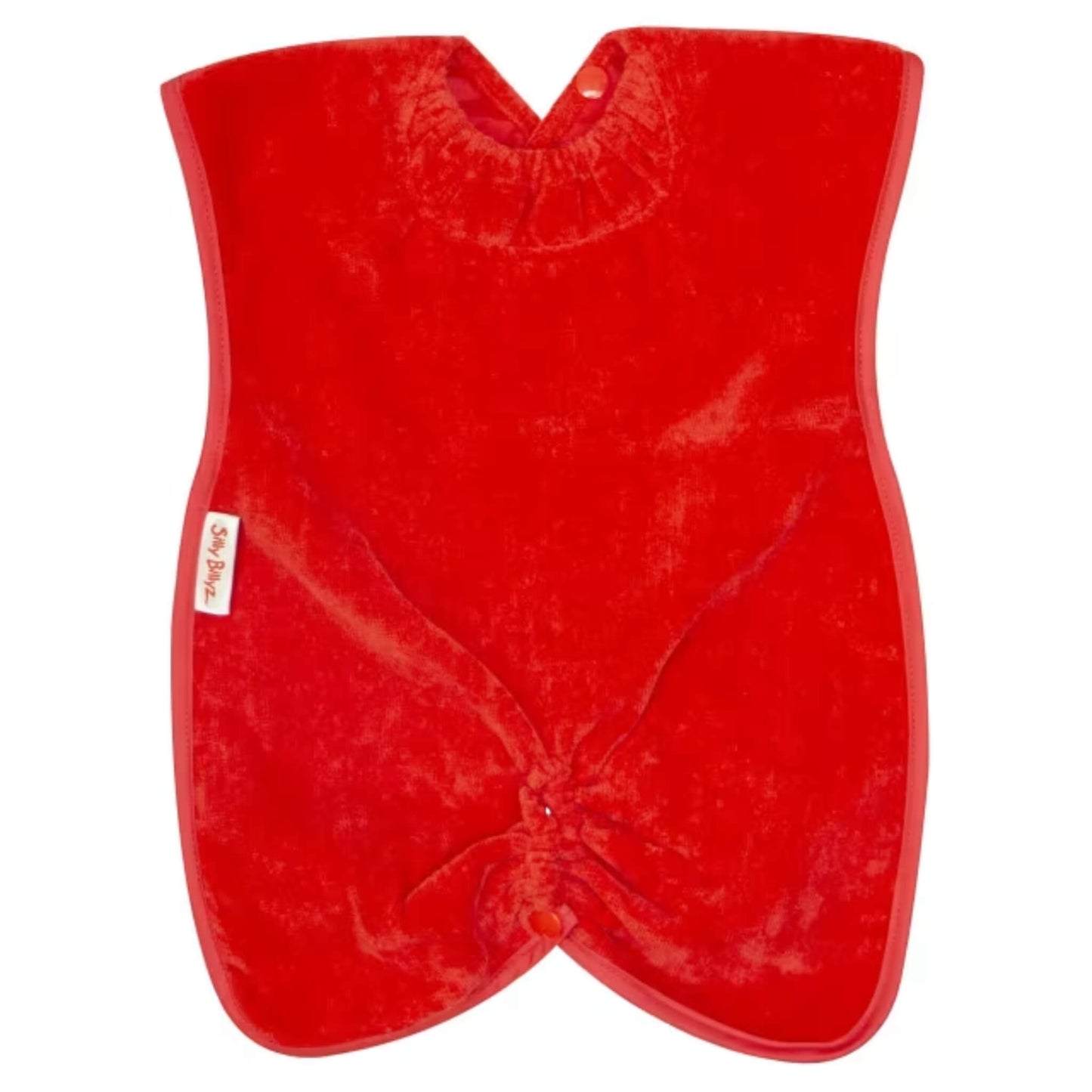 Silly Billyz Highchair Hugger Towel Bib in red, showing a soft towelling bib with elasticated neck opening, popper fastening at the back, and a gathered base designed to catch dropped food during highchair meals.