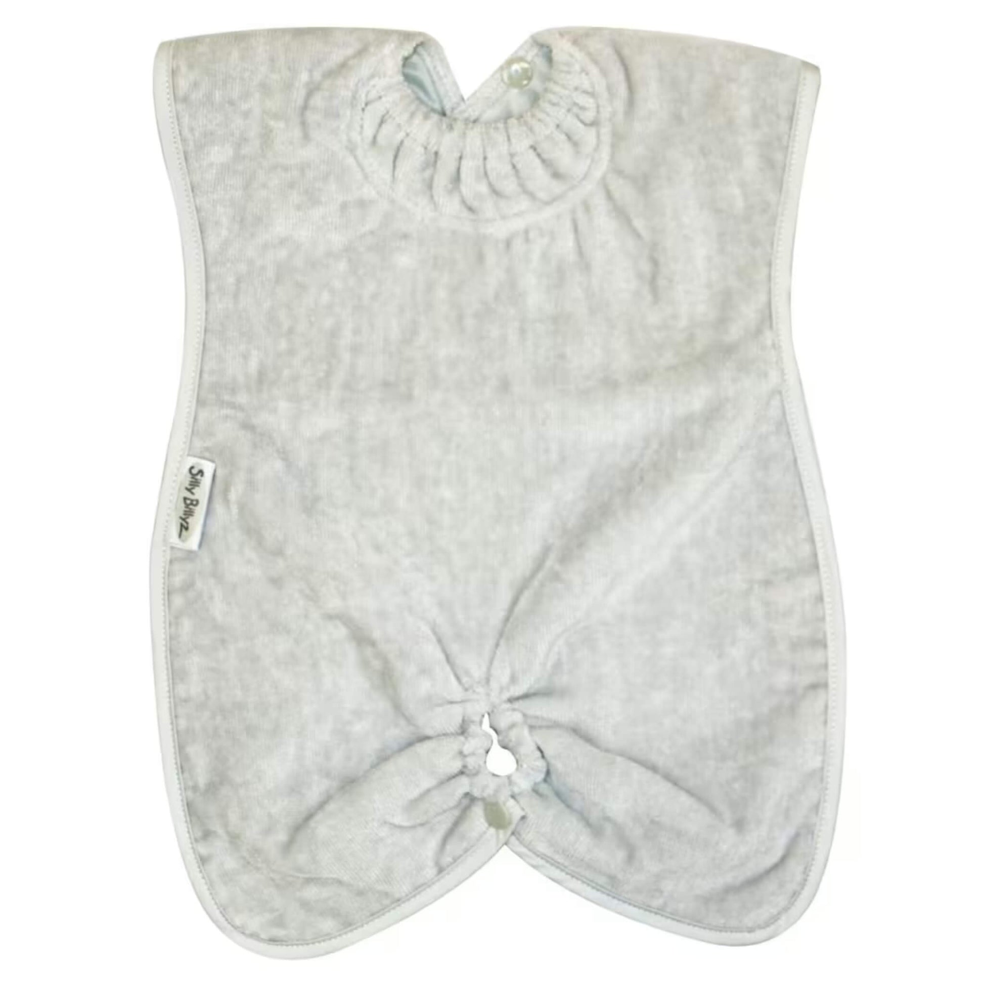 Silly Billyz Highchair Hugger Towel Bib in light grey, showing a soft towelling bib with elasticated neck opening, popper fastening at the back, and a gathered base designed to catch dropped food during highchair meals.